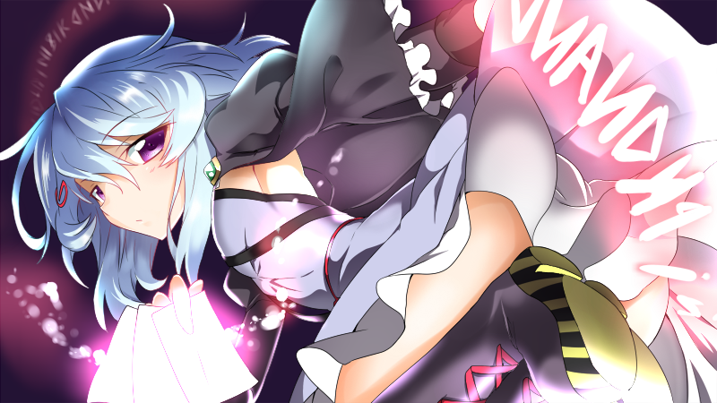1girl, breasts, cleavage, construction_sign_(ole_tower), jitome, ole_tower, purple_hair, short_hair, solo, violet_eyes