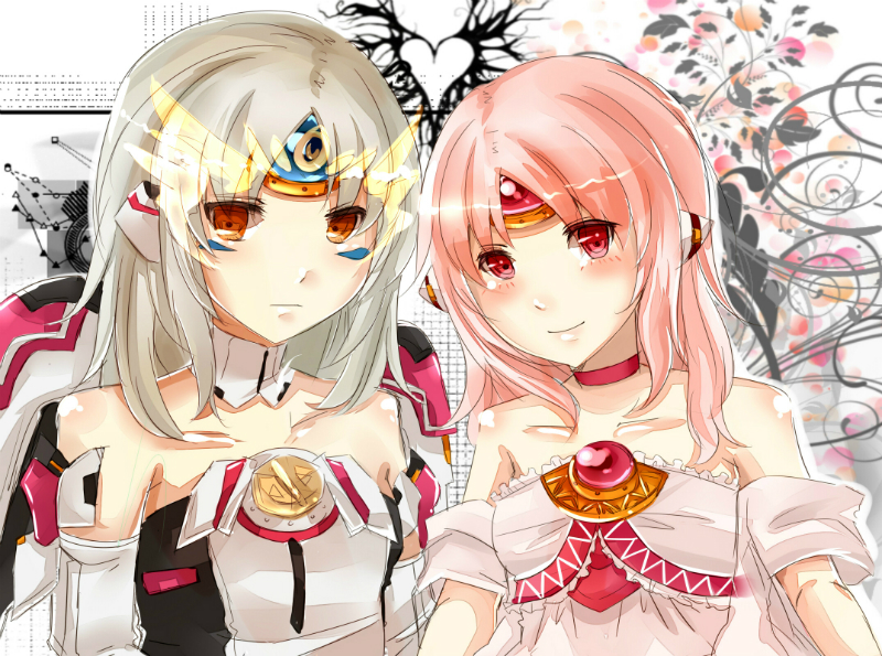 2girls, apple_(elsword), bare_shoulders, blush, brown_eyes, choker, elsword, eve_(elsword)