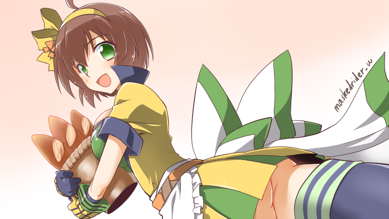 1girl, bread, breasts, brown_hair, food, green_eyes, long_nose_plier_(ole_tower), ole_tower, open_mouth, short_hair, smile, solo, thigh-highs, yuto_(dialique)