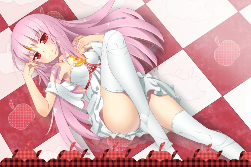 1girl, apple, apple_(elsword), checkered, checkered_background, elsword, food, forehead_jewel