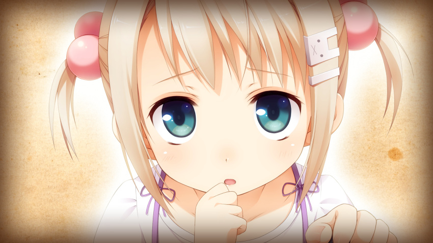 1girl, blonde_hair, blue_eyes, game_cg, hair_bobbles, hair_ornament, hairclip, hand_to_own_mouth