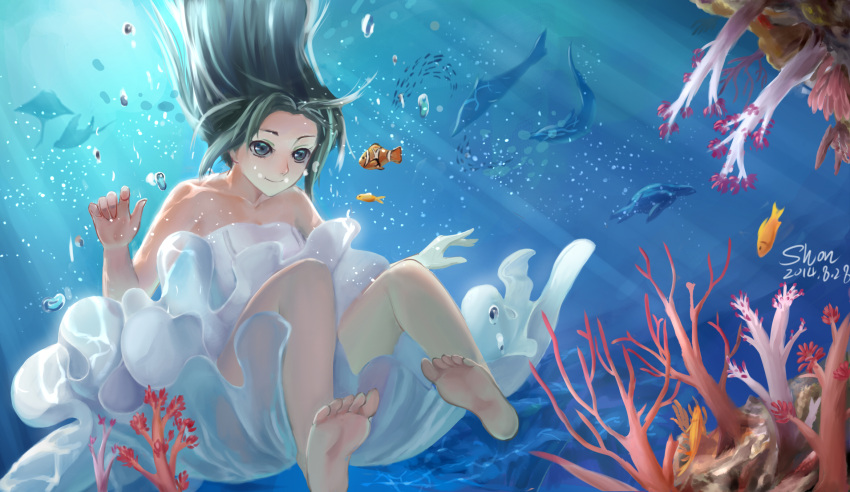 1girl, 2014, air_bubble, artist_name, bare_shoulders, barefoot, blue_eyes, blue_hair