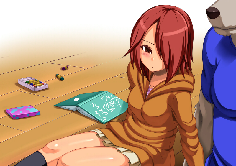 1boy, 1girl, book, brown_eyes, crayon, dog, furry, hair_over_one_eye