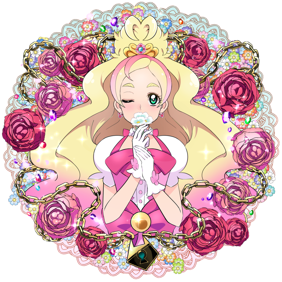 1girl, blonde_hair, chain, cure_flora, flower, gloves, go!_princess_precure, gradient_hair