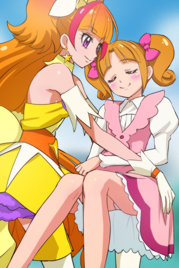 2girls, amanogawa_kirara, bare_shoulders, blush, choker, closed_eyes, cure_twinkle, earrings