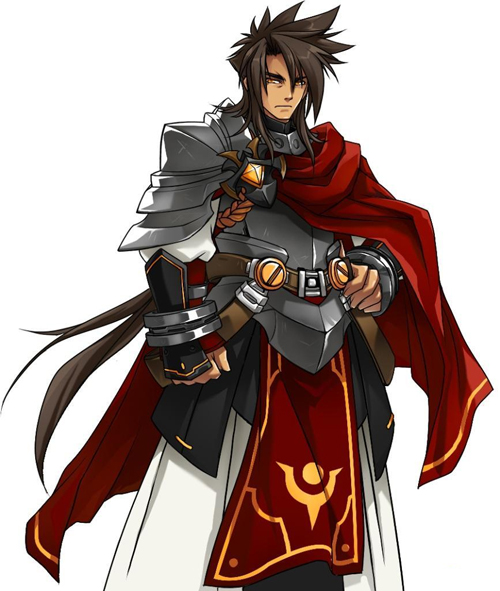 1boy, armor, artist_request, bangs, black_hair, cape, elsword, expressionless, gloves, long_hair, male_focus, official_art, parted_bangs, penensio_(elsword), red_cape, solo, spiky_hair, tabard, white_background, yellow_eyes