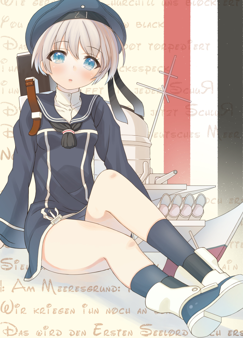 1girl, at-yui, blue_eyes, blush, hat, hat_ribbon, kantai_collection, looking_at_viewer