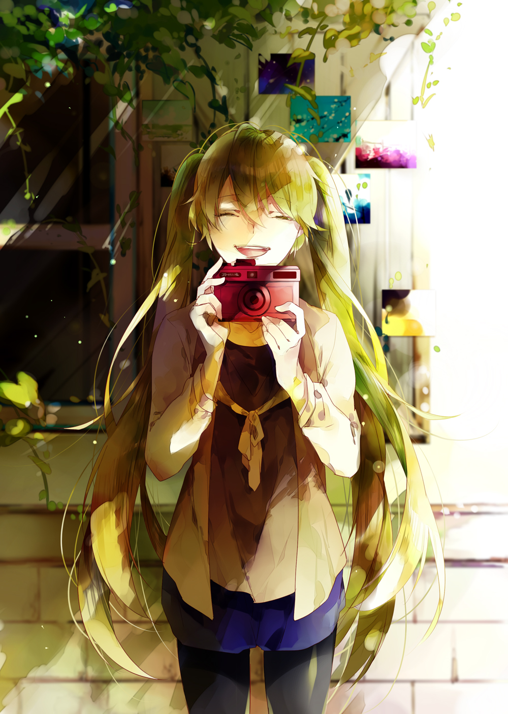 1girl, aqua_hair, black_legwear, blue_skirt, camera, closed_eyes, commentary, hatsune_miku