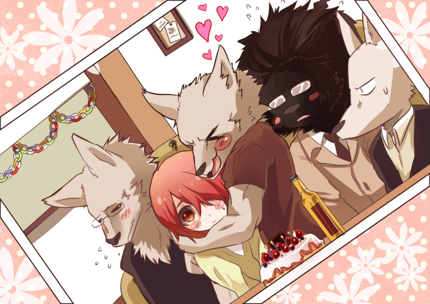 >_<, 1girl, 4boys, absurdres, birthday_cake, blush_stickers, brothers, cake, dog, flying_sweatdrops, food, formal, furry, glasses, hair_over_one_eye, heart, highres, hug, kainushi_kemonohito_to_petto_mesukosei, lila_(kashiwagi_aki), lion, multiple_boys, necktie, pet, photo_(object), red_eyes, redhead, revoli, rolf_(kainushi_kemonohito_to_petto_mesukosei), saitou_(kainushi_kemonohito_to_petto_mesukosei), siblings, suit, sweatdrop, umi_(pixiv6861961), zinovy