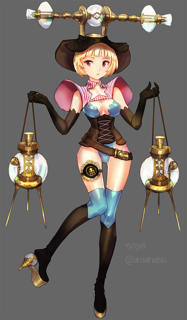 1girl, bangs, belt, black_boots, black_gloves, blonde_hair, blue_legwear, blunt_bangs