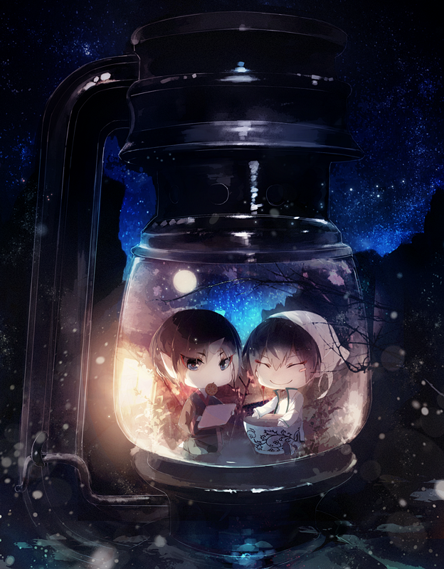 2boys, bandana, black_hair, blush_stickers, bowl, chibi, closed_eyes, food_in_mouth, hakutaku_(hoozuki_no_reitetsu), hoozuki_(hoozuki_no_reitetsu), hoozuki_no_reitetsu, horn, in_container, japanese_clothes, kerosene_lamp, lamp, left_mouse, male_focus, multiple_boys, night, oni, pointy_ears, sky, smile, star_(sky), starry_sky