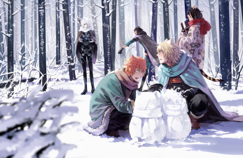5boys, animal_ears, asato_(lamento), barudo, beard, belt, black_gloves, blonde_hair, blue_eyes, bottle, breath, cat_ears, cloak, crossed_arms, facial_hair, forest, gloves, haori, highres, japanese_clothes, konoe, lamento, lialli, male_focus, multiple_boys, nature, orange_eyes, orange_hair, outdoors, rai_(lamento), scarf, snow, snowball, snowball_fight, squatting, sweatdrop, tail, teeth, tiger_ears, tiger_tail, tokino_(lamento), tree, white_hair, winter