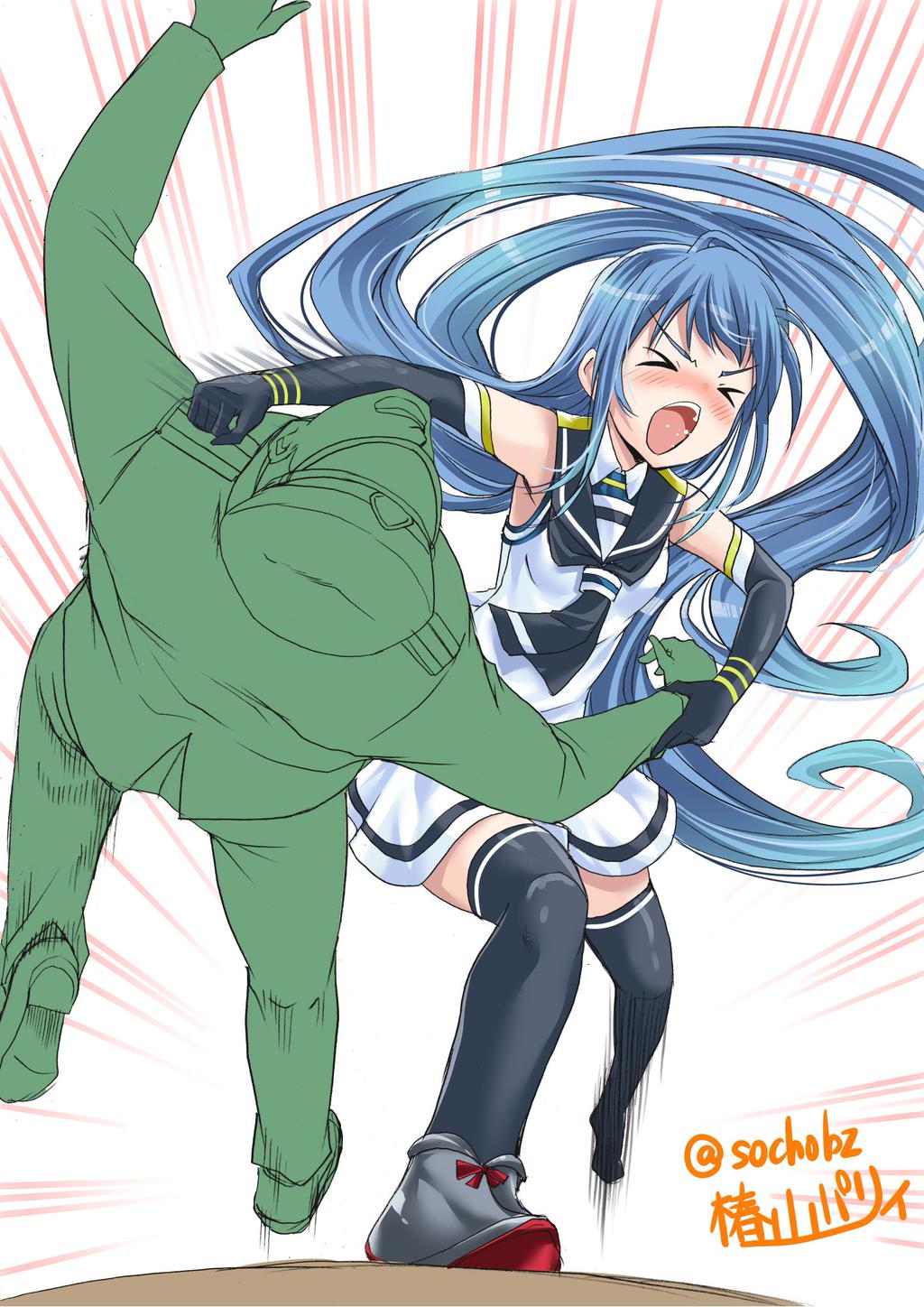 >o<, 1boy, 1girl, admiral_(kantai_collection), arm_grab, black_legwear, blue_hair, blush