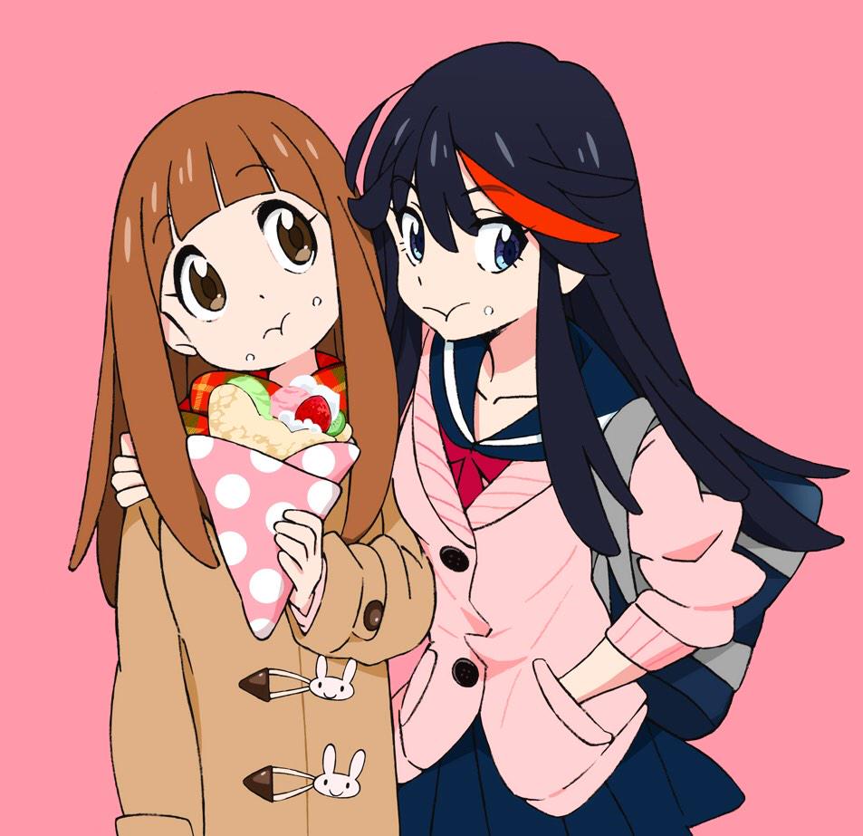 2girls, alternate_hair_length, alternate_hairstyle, bag, black_hair, blue_eyes, brown_eyes, brown_hair, eating, female, hand_in_pocket, hand_on_shoulder, highlights, jacket, kill_la_kill, long_hair, mako_(macomaco7), mankanshoku_mako, matoi_ryuuko, multicolored_hair, multiple_girls, official_style, pink_background, redhead, school_bag, school_uniform