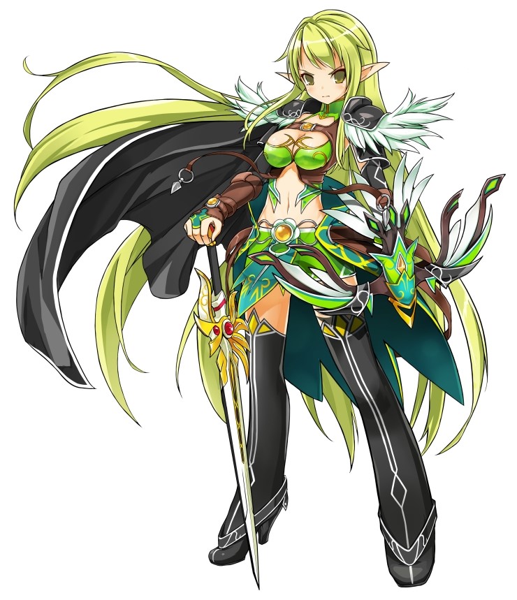 1girl, black_boots, blackjd83, boots, bow_(weapon), breasts, cape, cleavage, elsword, green_eyes, green_hair, green_skirt, long_hair, miniskirt, official_art, pointy_ears, rena_(elsword), serious, skirt, solo, standing, sword, thigh-highs, thigh_boots, weapon, white_background