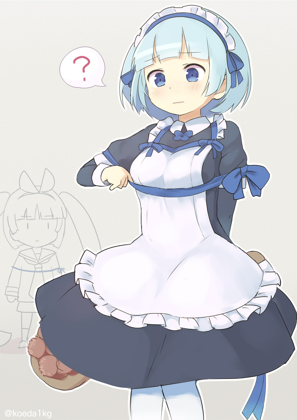 2girls, ?, apron, arm_behind_back, bangs, blue_eyes, blunt_bangs, bow