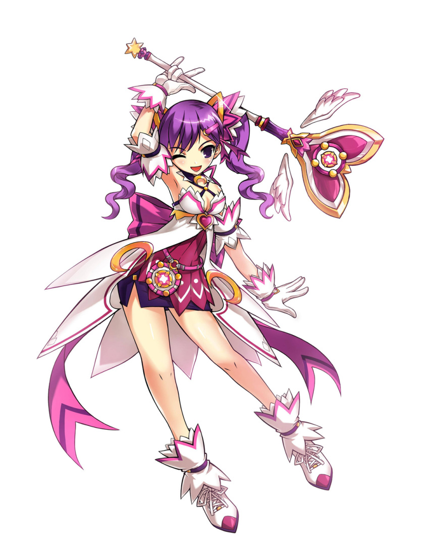1girl, ;d, aisha_(elsword), arm_up, armpits, blackjd83, bow, breasts