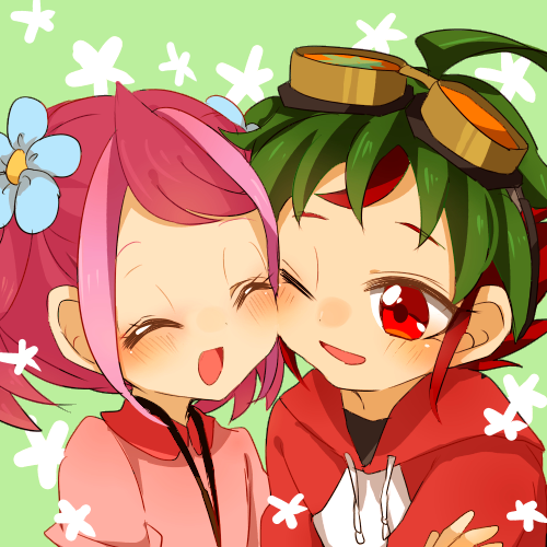 1boy, 1girl, ;d, cheek-to-cheek, child, flower, goggles, goggles_on_head, green_hair, hair_flower, hair_ornament, hiiragi_yuzu, hiyoseri, hoodie, lowres, multicolored_hair, one_eye_closed, open_mouth, pink_hair, red_eyes, redhead, sakaki_yuuya, short_twintails, smile, twintails, two-tone_hair, younger, yuu-gi-ou, yuu-gi-ou_arc-v