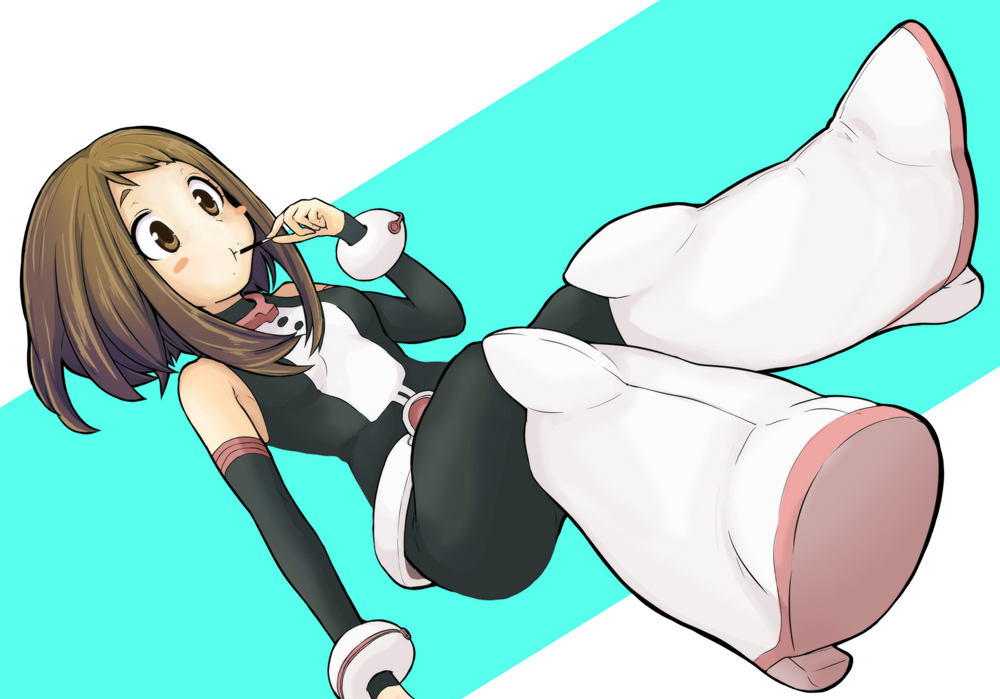 1girl, :t, bare_shoulders, blush_stickers, bodysuit, boku_no_hero_academia, boots, brown_eyes