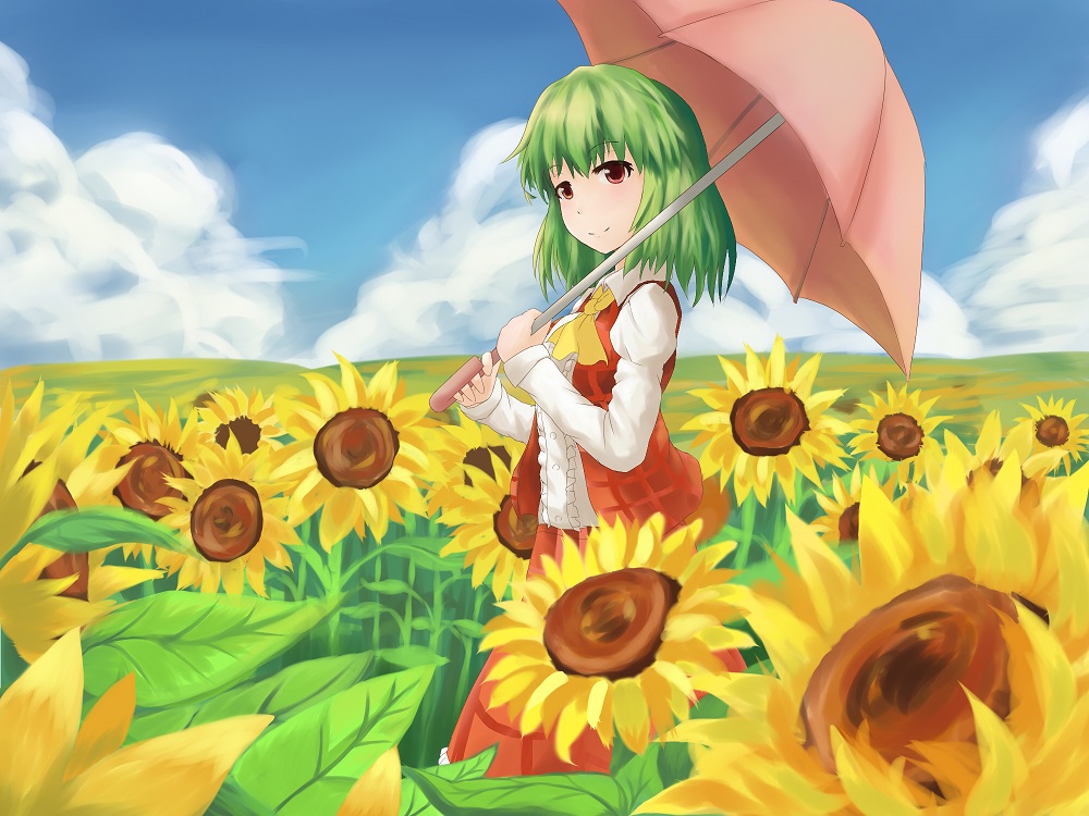 1girl, blue_sky, clouds, fen_zuo, flower, garden_of_the_sun, green_hair, horizon