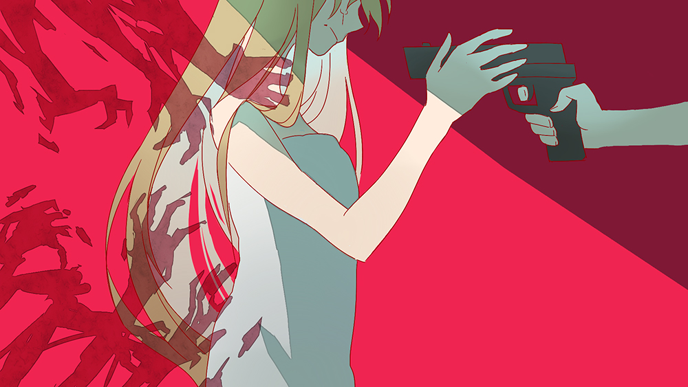 1girl, aldnoah.zero, asseylum_vers_allusia, blonde_hair, chino_kawashiku, green_eyes, gun, handgun