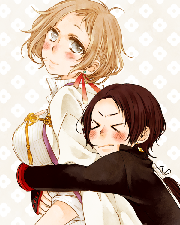 >_<, 1boy, 1girl, blonde_hair, blush, braid, brown_hair, earrings