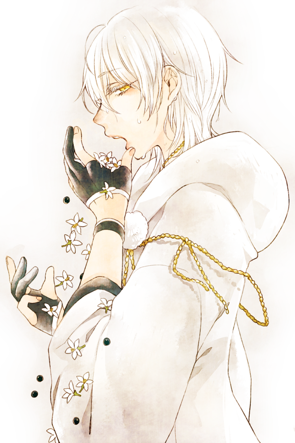 1boy, flower, gloves, hood, japanese_clothes, male_focus, open_mouth, partly_fingerless_gloves