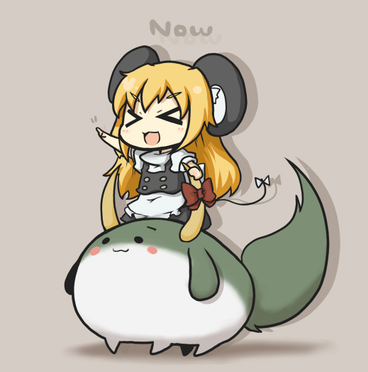 >_<, 1girl, :3, animal_ears, apron, black_dress, blonde_hair, blush_stickers