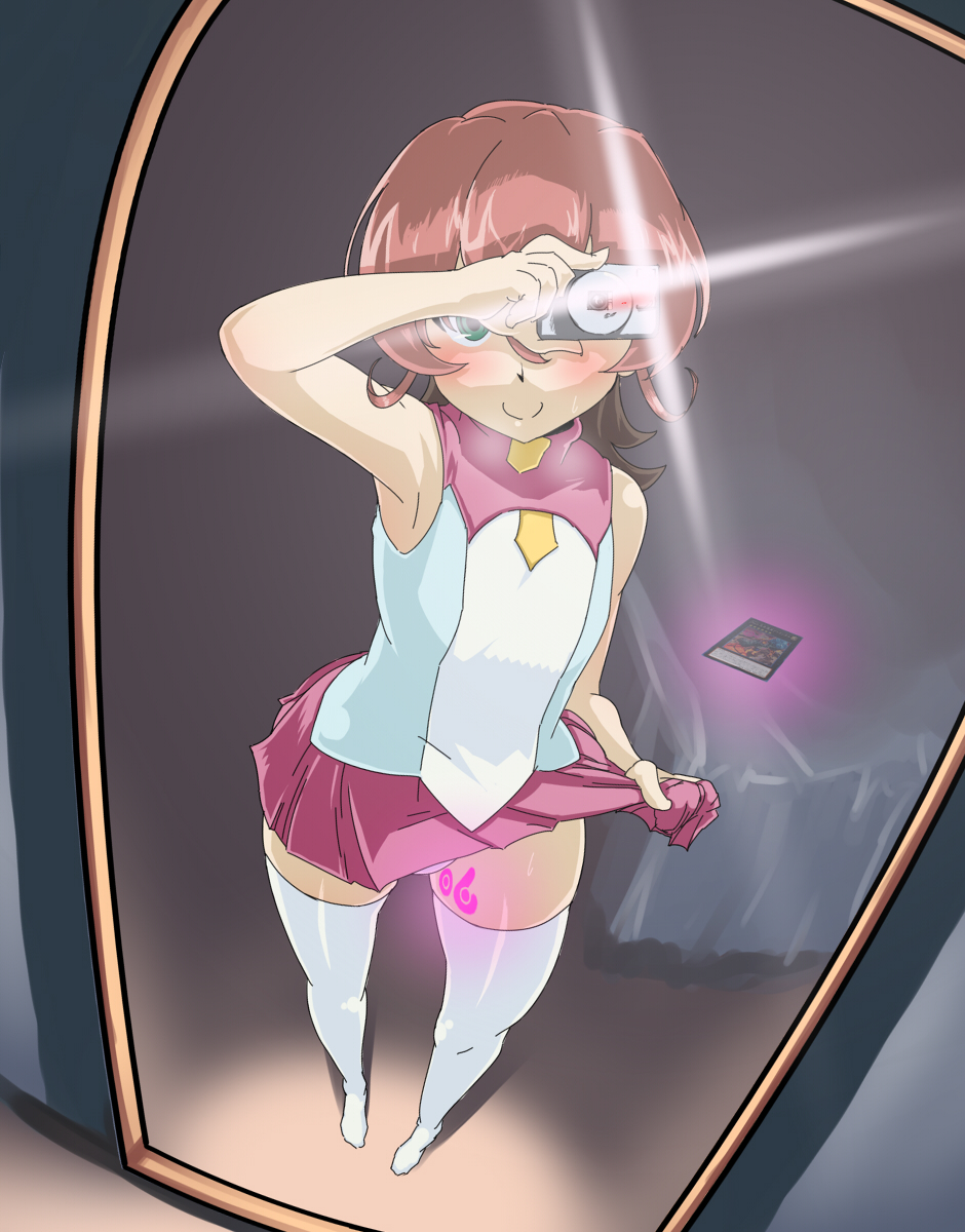 1boy, camera, camera_flash, card, highres, iii_(yuu-gi-ou_zexal), mirror, muumuu