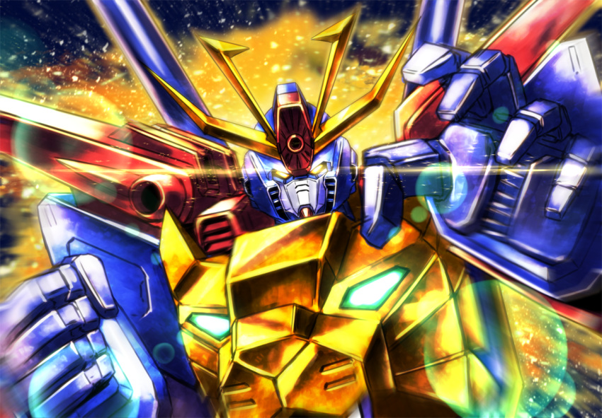 clenched_hand, glowing, glowing_eyes, gundam, gundam_build_fighters, gundam_build_fighters_try, gundam_tryon_3, mecha, no_humans, shingo_(picturepuzzle), shoulder_cannon, solo, upper_body