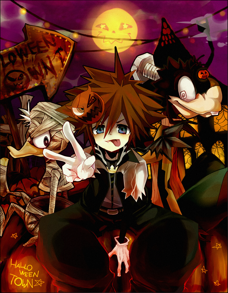 alternate_costume, blue_eyes, brown_hair, commentary_request, directional_arrow, disney, donald_duck, fang, gloves, goofy, halloween, inazume-panko, kingdom_hearts, looking_at_viewer, male_focus, mask, mummy, pumpkin, sign, sitting, smile, sora_(kingdom_hearts), spiky_hair, tagme, tongue, tongue_out, v, wings