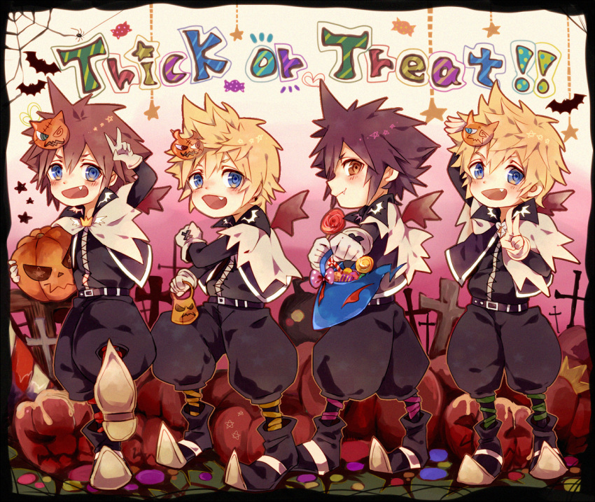 4boys, alternate_costume, bat, black_hair, blonde_hair, blue_eyes, bow, brown_hair