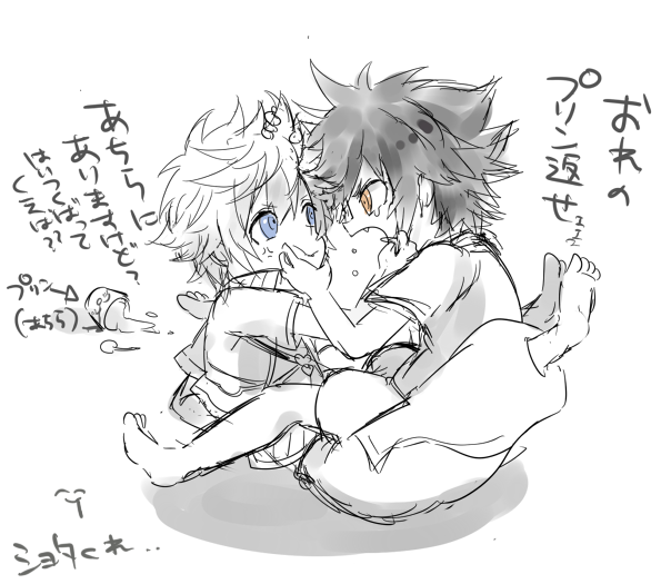 2boys, anger_vein, blue_eyes, child, directional_arrow, face-to-face, fangs, inazume-panko, kingdom_hearts, kingdom_hearts_birth_by_sleep, male_focus, multiple_boys, open_mouth, sketch, spiky_hair, spoilers, spot_color, translation_request, vanitas, ventus, yellow_eyes, younger