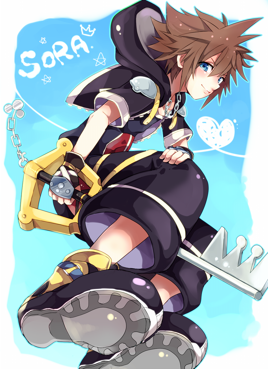 1boy, blue_eyes, brown_hair, character_name, fingerless_gloves, gloves, heart, highres