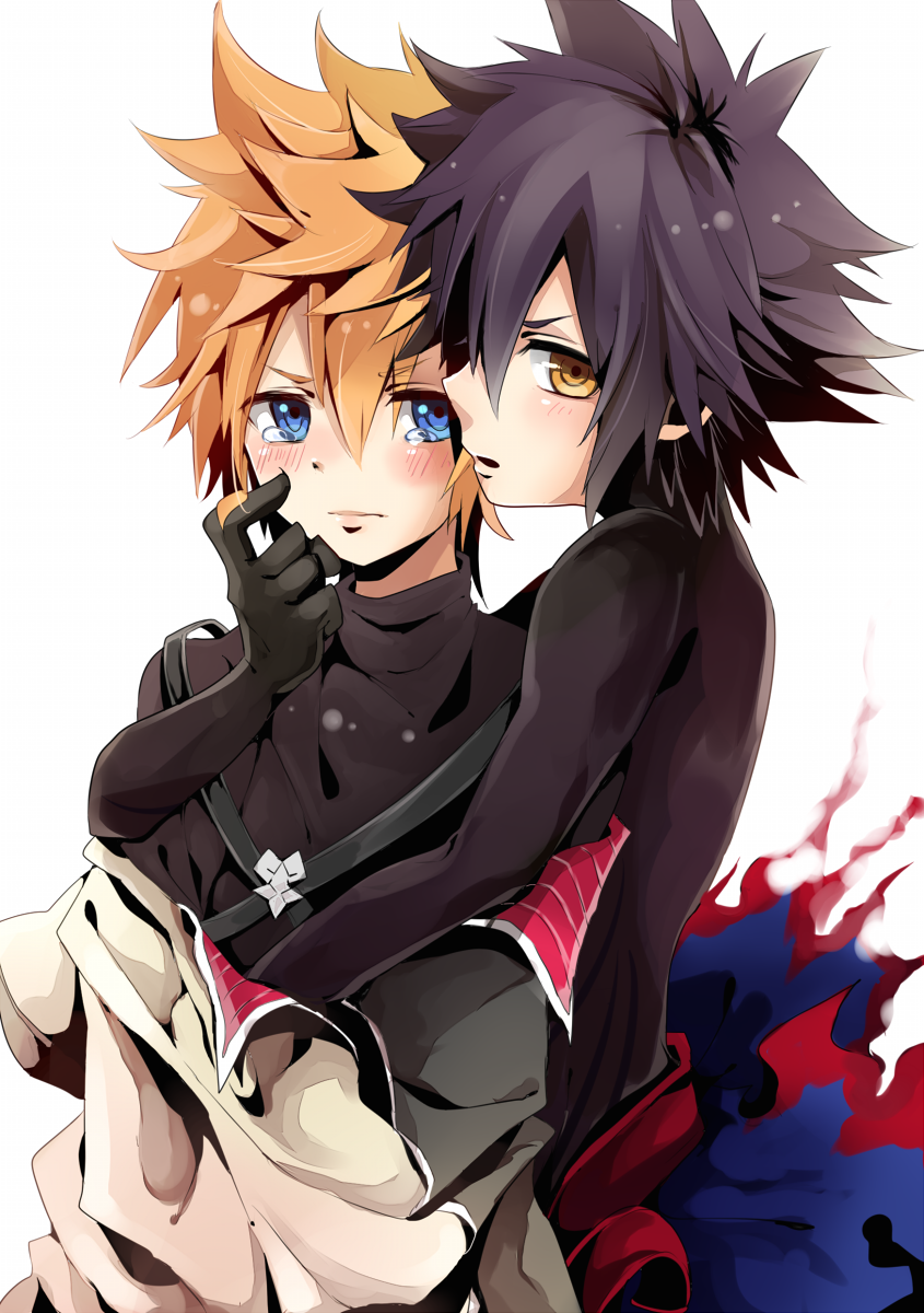 2boys, black_hair, blonde_hair, blue_eyes, dual_persona, highres, inazume-panko, kingdom_hearts, kingdom_hearts_birth_by_sleep, looking_at_another, male_focus, multiple_boys, parted_lips, simple_background, skin_tight, spiky_hair, spoilers, tears, undressing, vanitas, ventus, white_background, yellow_eyes