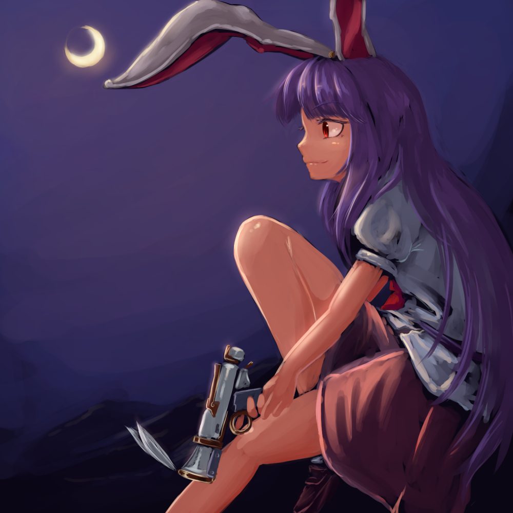 1girl, animal_ears, crescent_moon, gun, handgun, kys_(k-k2), legacy_of_lunatic_kingdom, long_hair