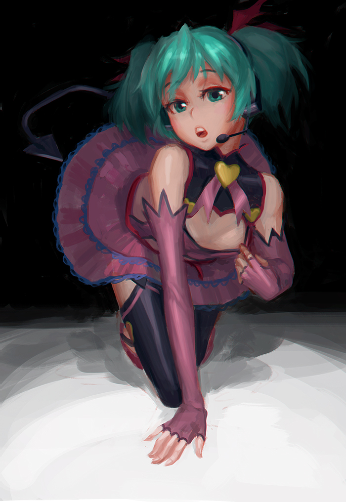 1girl, all_fours, alternate_hair_length, alternate_hairstyle, aqua_eyes, aqua_hair, bare_shoulders, cleavage_cutout
