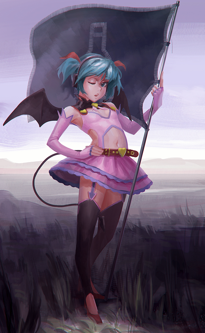 1girl, alternate_hair_length, alternate_hairstyle, aqua_eyes, aqua_hair, bat_wings, belt, demon_tail