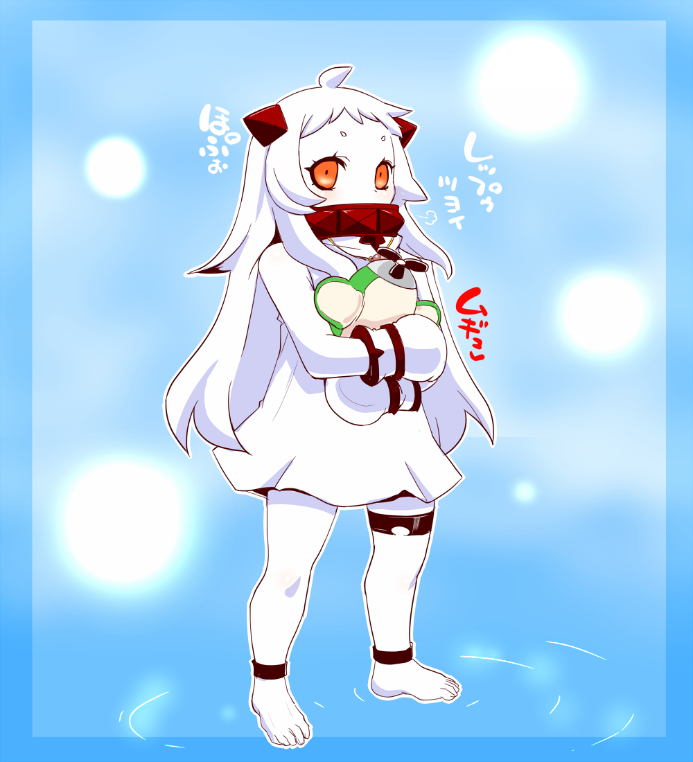 1girl, ahoge, airplane, chestnut, covered_mouth, dress, horns, jewelry