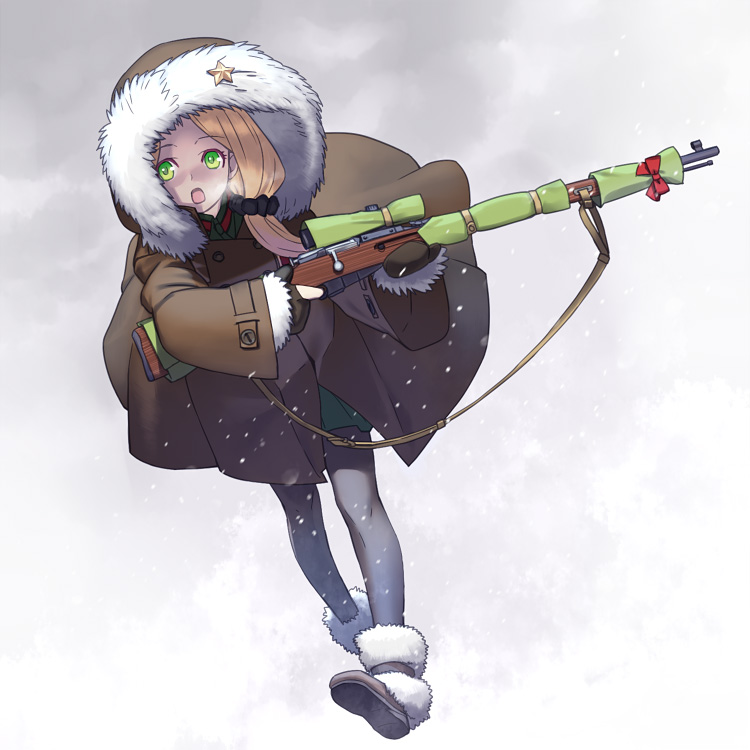 1girl, blonde_hair, boots, bow, breath, cloak, fur, gloves