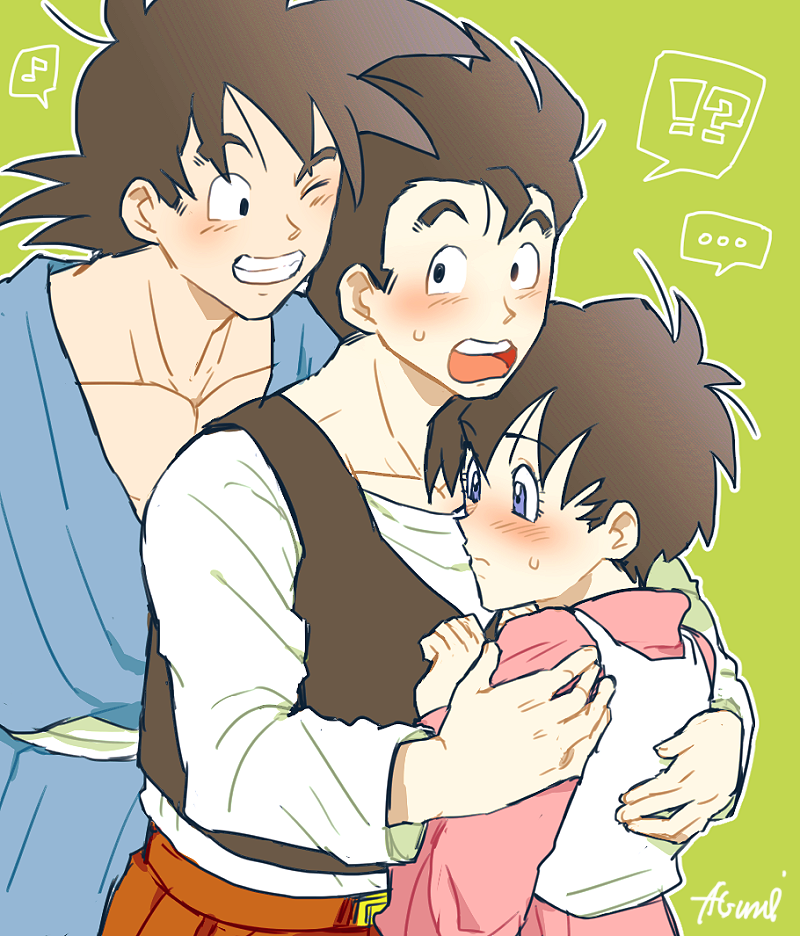 !?, 1girl, 2boys, black_eyes, black_hair, casual, couple, dragon_ball