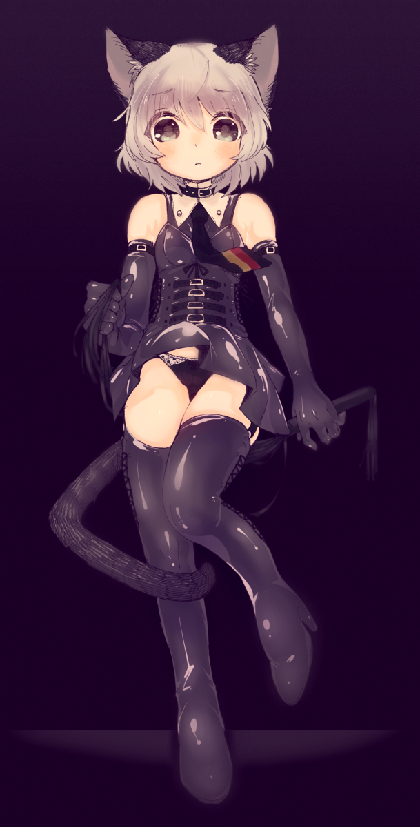 1girl, animal_ears, black_gloves, black_legwear, black_panties, blush, cat_ears, cat_tail, detached_collar, dominatrix, elbow_gloves, gloves, green_eyes, high_heels, highres, leather, necktie, okayu_(headless), panties, sanya_v_litvyak, short_hair, silver_hair, solo, strike_witches, tail, thigh-highs, underwear, whip