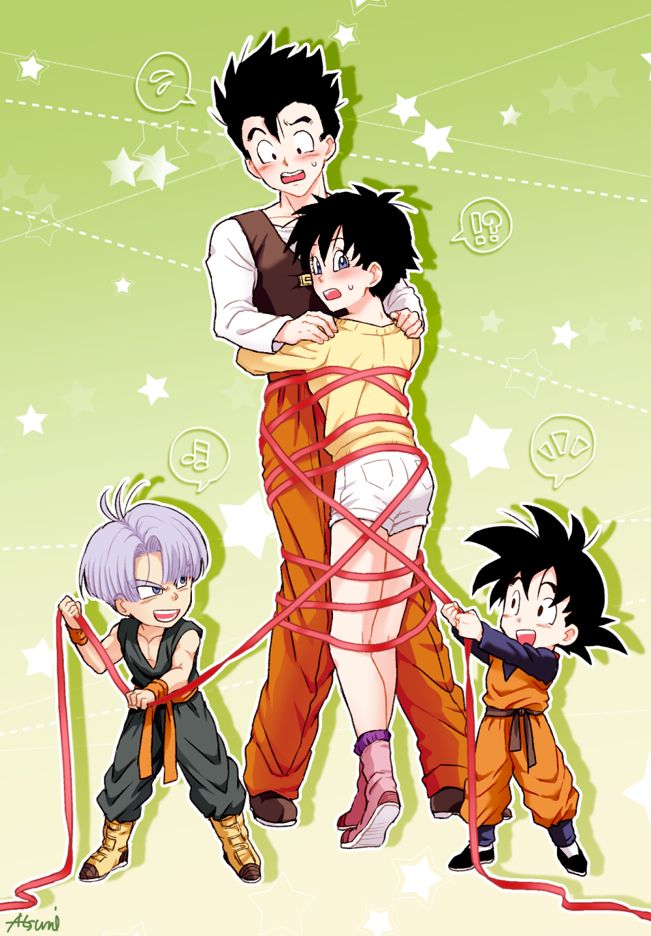 !?, 1girl, 3boys, :d, age_difference, bangs, black_eyes, black_hair, blue_hair, blush, brothers, casual, couple, dougi, dragon_ball, dragon_ball_z, green_background, hands_on_another's_shoulders, height_difference, highres, hug, multiple_boys, muraosa_(conjecture), open_mouth, parted_bangs, red_pants, ribbon, shoes, short_hair, shorts, siblings, smile, son_gohan, son_goten, spiky_hair, sweatdrop, teeth, tied_up, trunks_(dragon_ball), videl, wristband