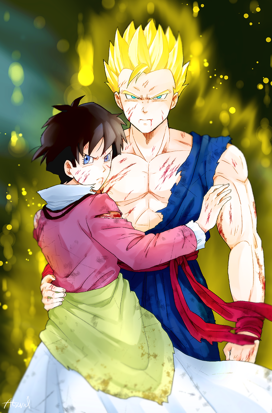 1boy, 1girl, angry, black_hair, blonde_hair, blood, blood_on_face, blue_eyes