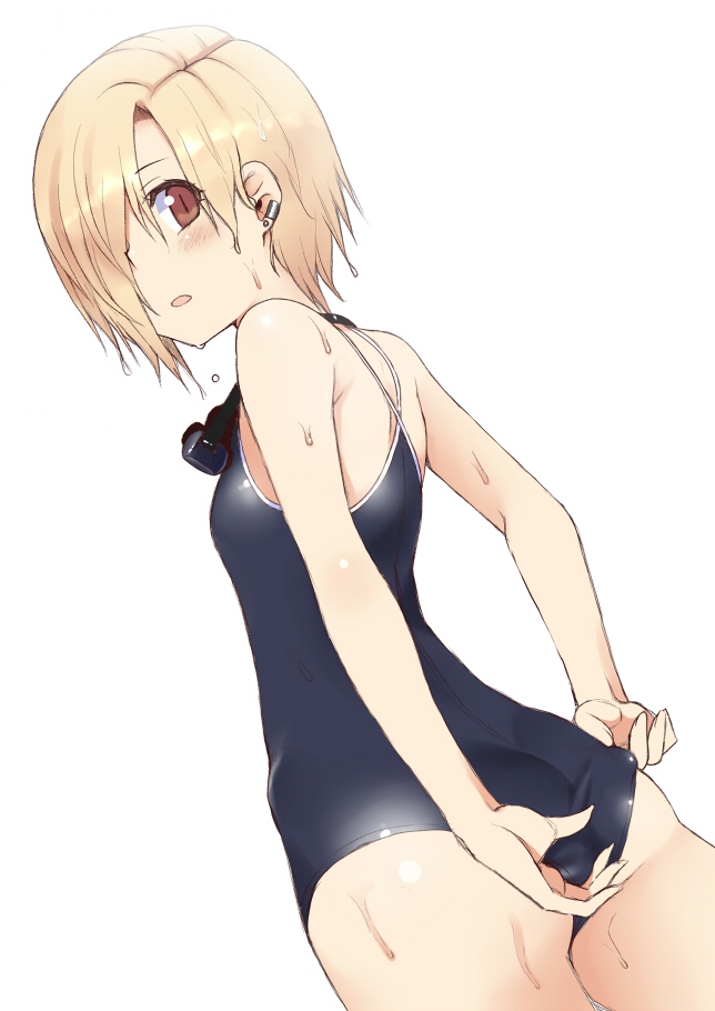 1girl, adjusting_clothes, adjusting_swimsuit, ass, bare_shoulders, blonde_hair, blush, brown_eyes