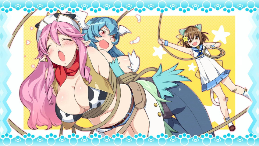 3girls, angry, animal_ears, bikini_top, blue_hair, blush, breasts, brown_eyes