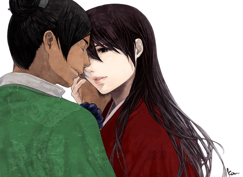 1girl, barusa, black_hair, brown_hair, couple, japanese_clothes, katsura_(+araka), lips