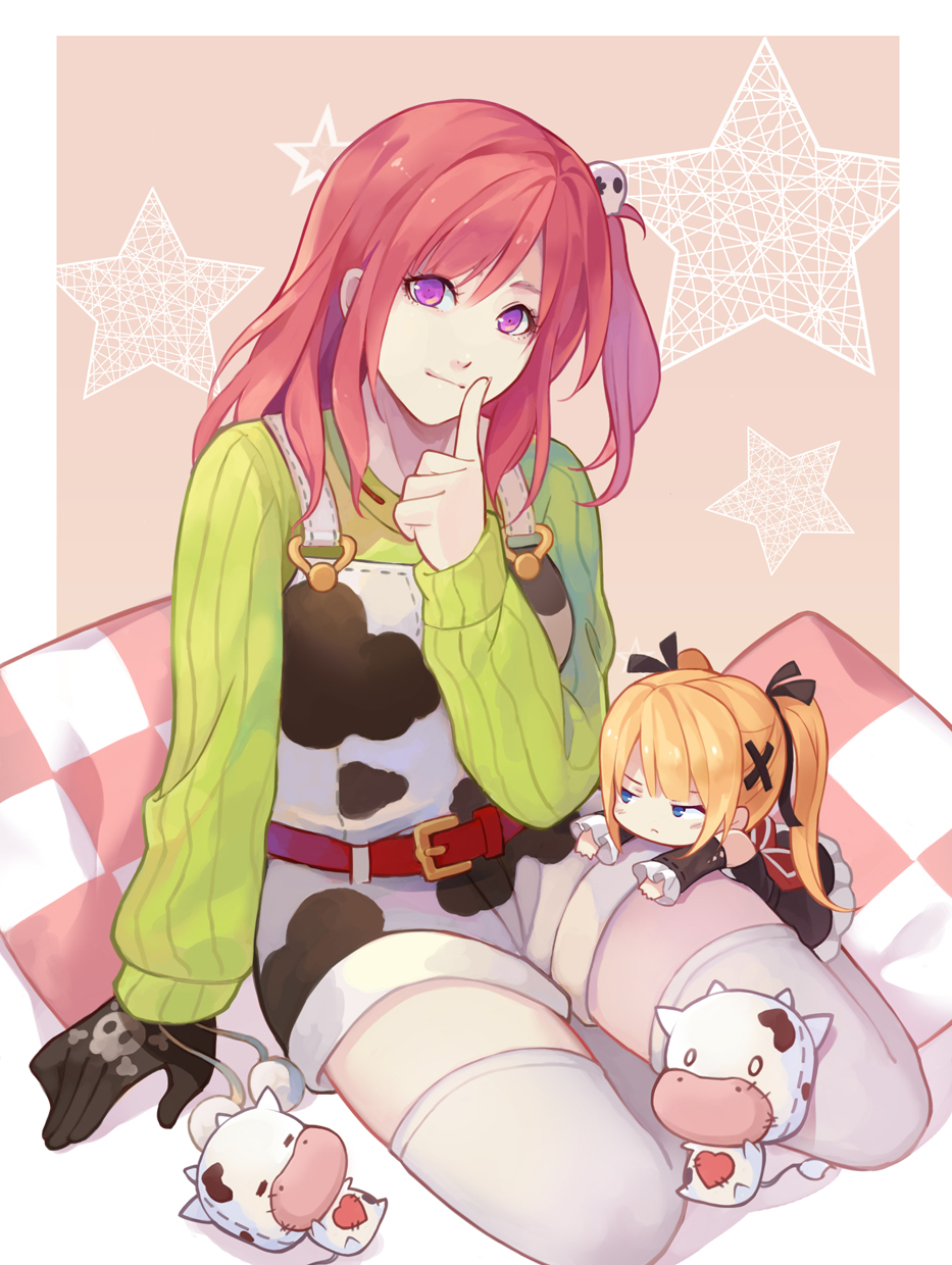 2girls, alternate_breast_size, arm_support, belt, blonde_hair, blue_eyes, breasts, checkered