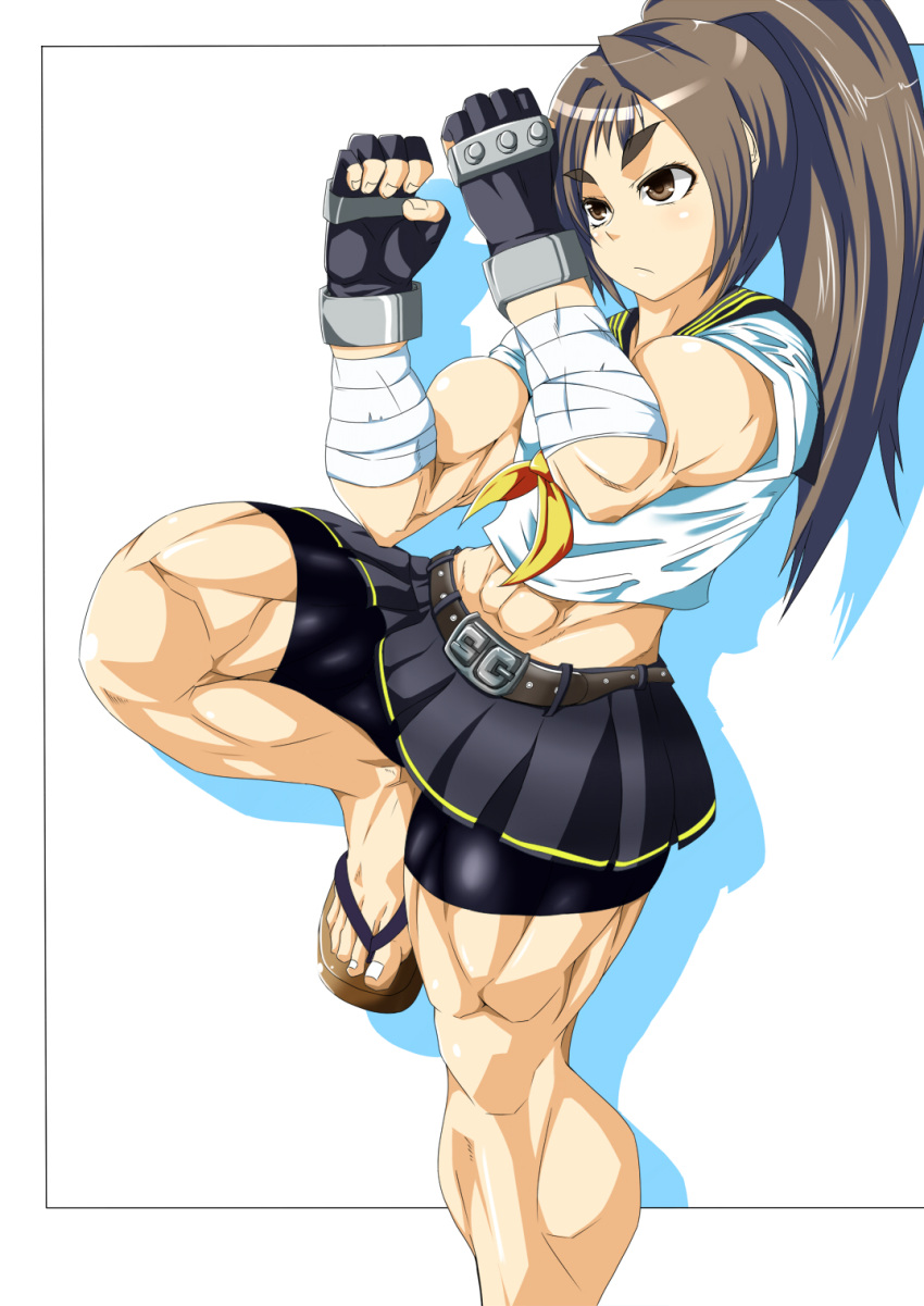1girl, abs, arm_wrap, belt, bike_shorts, brown_eyes, brown_hair, cowboy_shot, daarin, eyebrows, fighting_stance, fingerless_gloves, gloves, high_ponytail, highres, long_hair, muscle, original, sandals, school_uniform, serafuku, shorts_under_skirt, solo, standing_on_one_leg, thick_eyebrows, thick_thighs, thighs, toes, tomboy