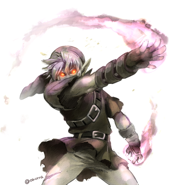 1boy, artist_name, belt, dark_link, fingerless_gloves, gloves, glowing, glowing_eyes